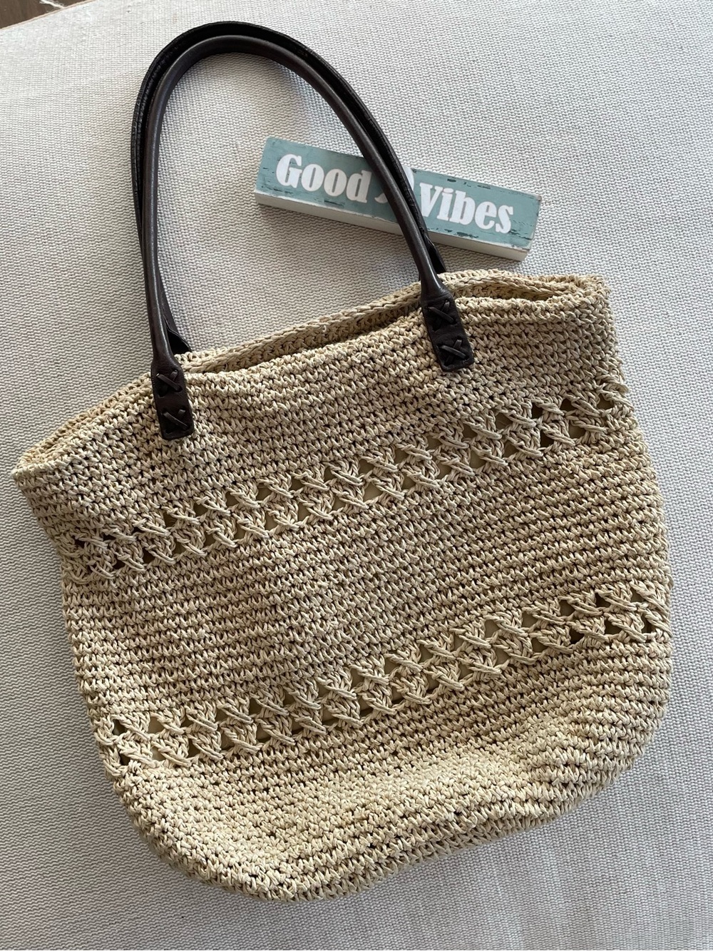 Talbots Woven Straw Tote Bag with Dark Brown Handles - Neutral